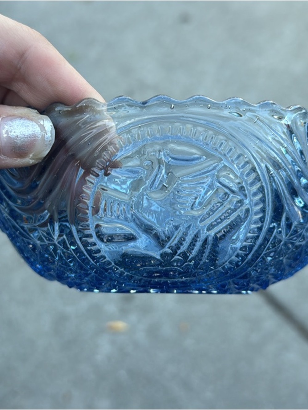 Vintage Blue Pressed Glass Dish with Peacocks